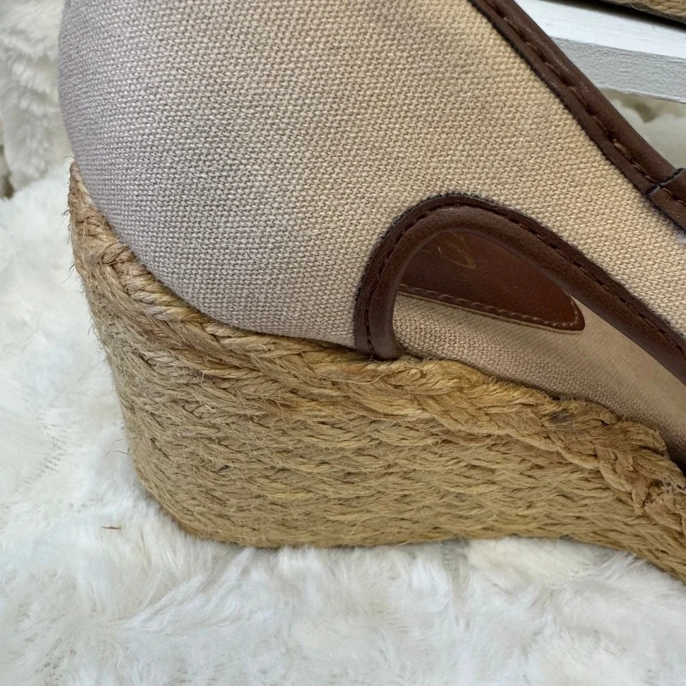 Chaps Open Toe Espadrille Wedge Heel Shoes Tan Canvas Brown Trim Casual